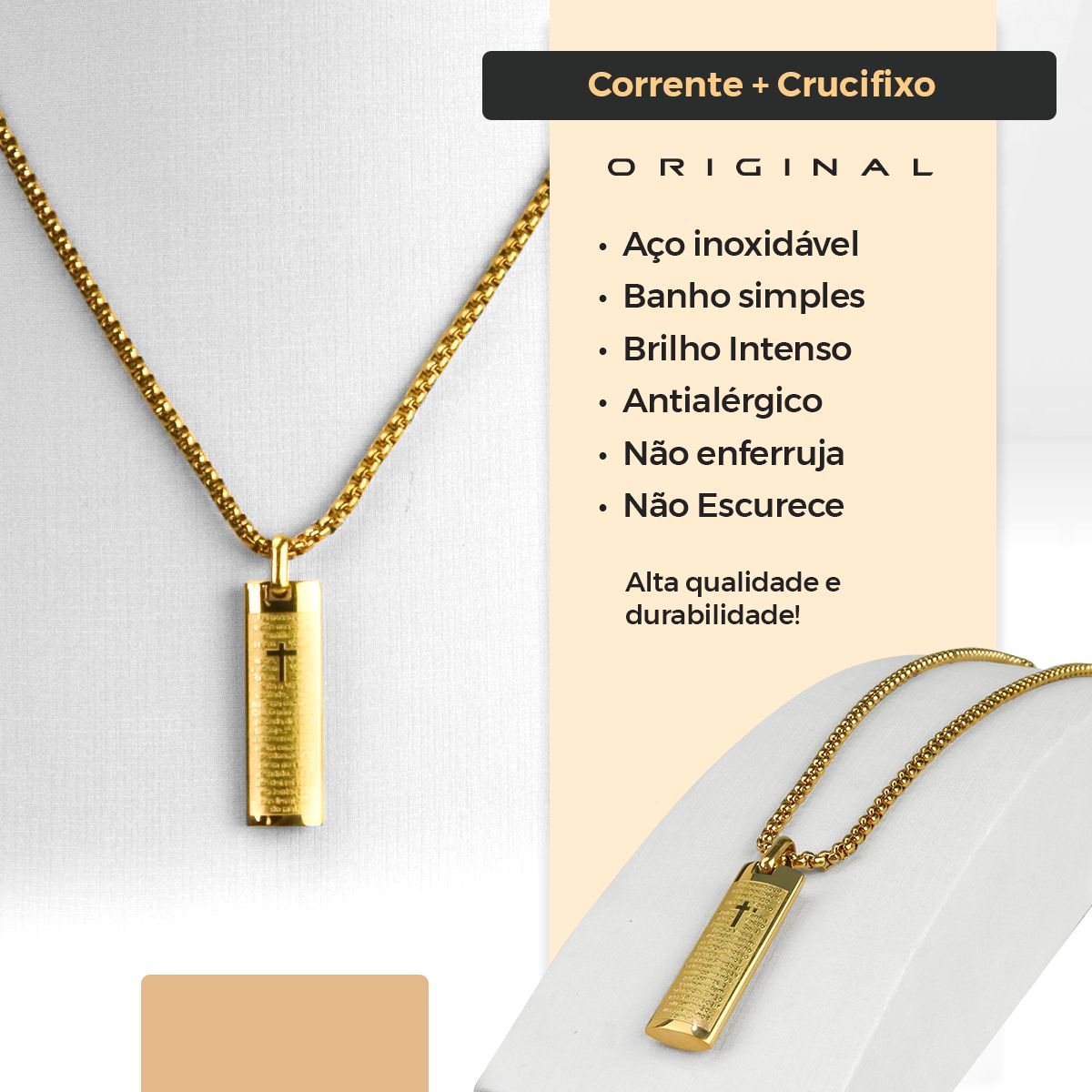 Cordão dourado masculino + Pingente banhado cruz premium