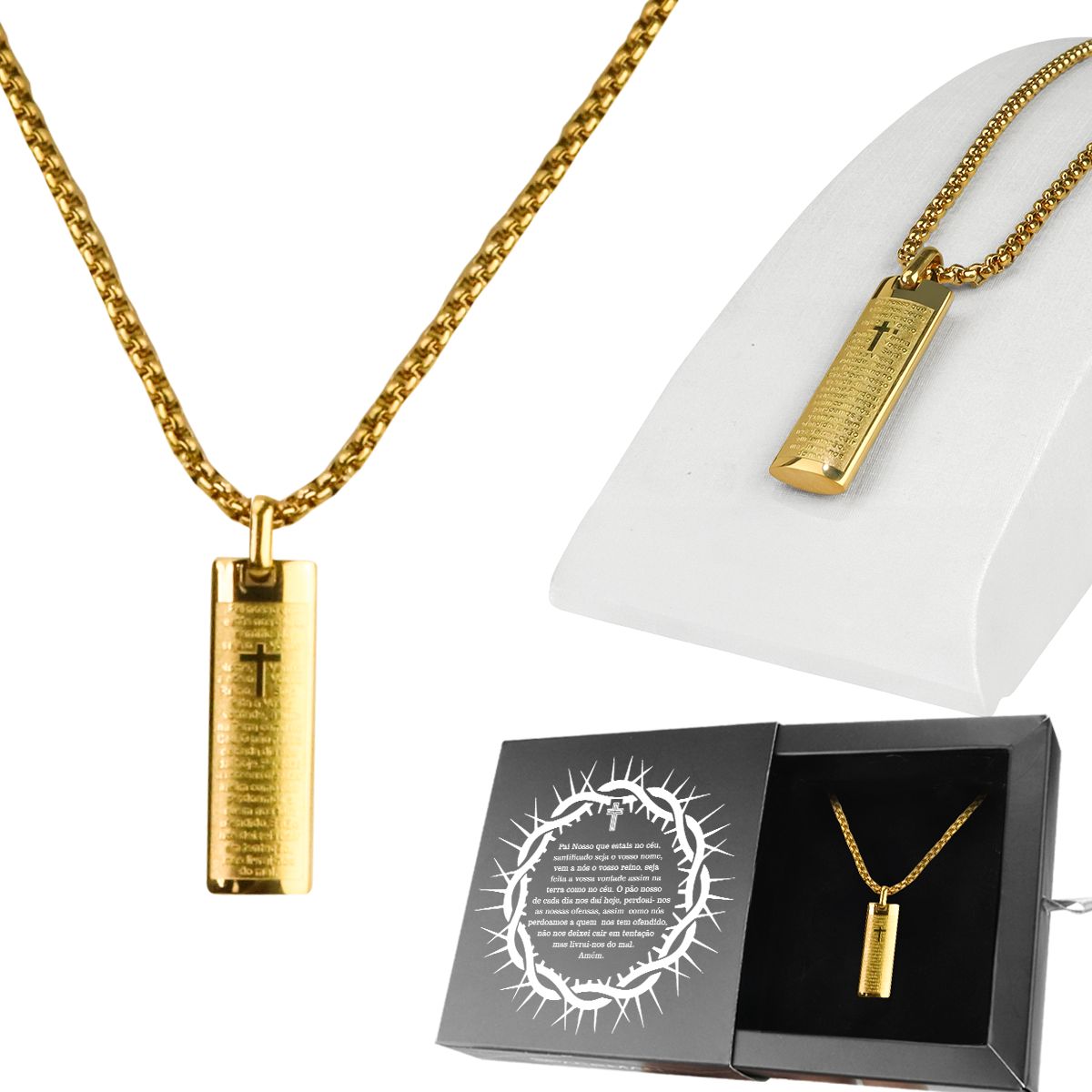 Cordão dourado masculino + Pingente banhado cruz premium