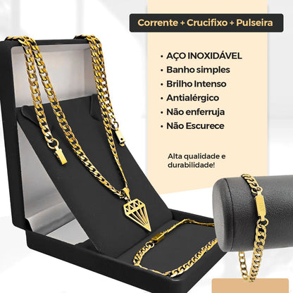 Corrente aço inox dourada pingente diamante + Pulseira Grumet