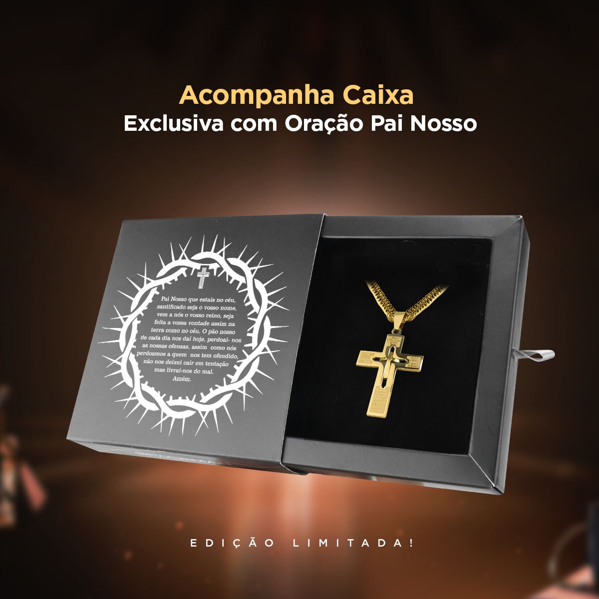 Cordão dourado masculino Estilo Grumet + Pingente crucifixo premium