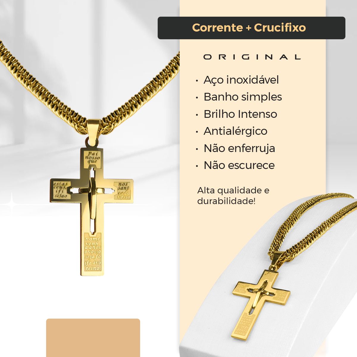 Cordão dourado masculino Estilo Grumet + Pingente crucifixo premium