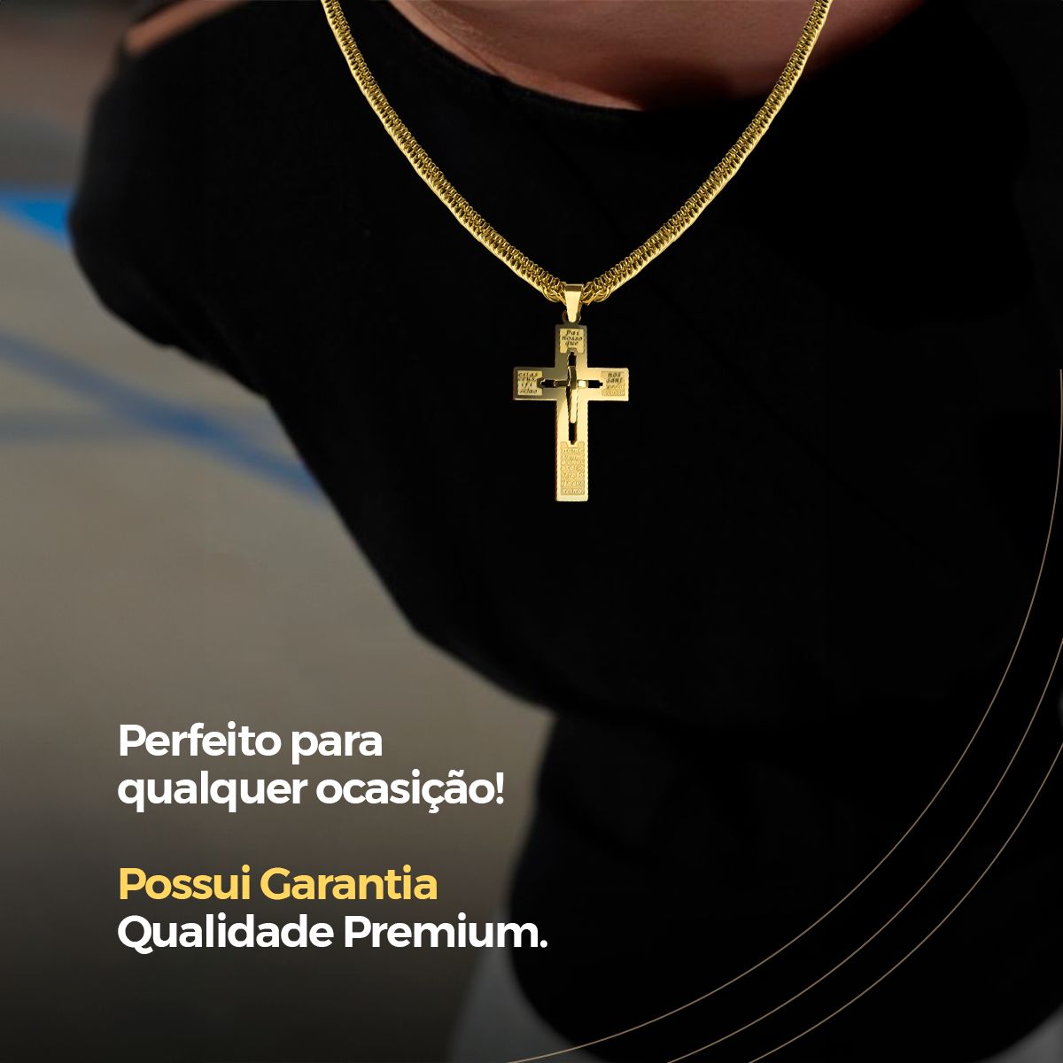 Cordão dourado masculino Estilo Grumet + Pingente crucifixo premium