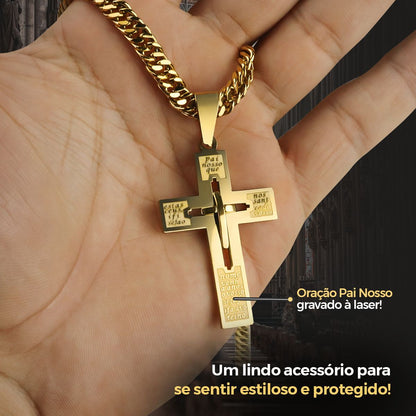 Cordão dourado masculino Estilo Grumet + Pingente crucifixo premium